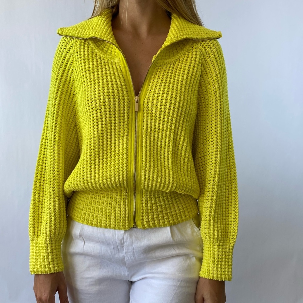 ST. John Textured Knitted Neon Zip Collar Wool Blend Sweater Cardigan sz L